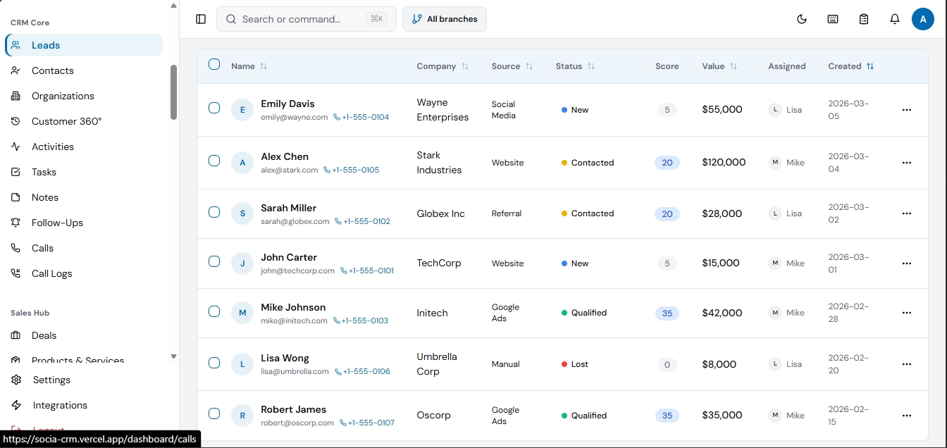 SOCIA CRM — Customer Relationship Management interface