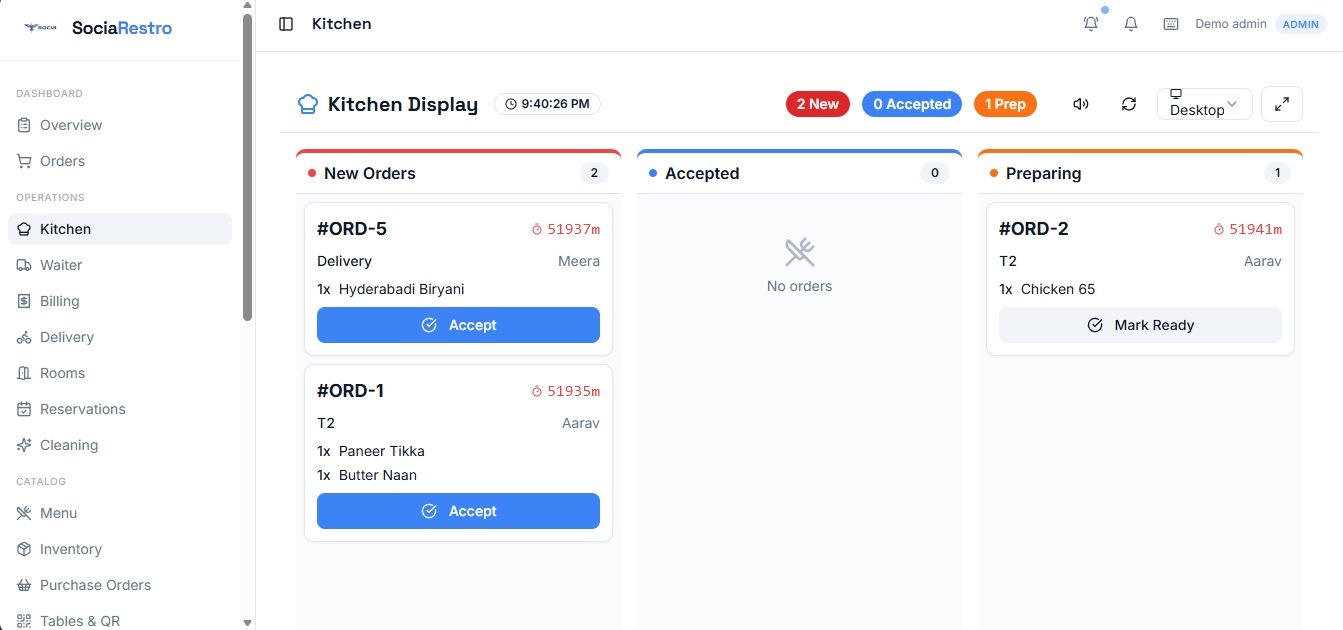SOCIA Restro — Restaurant Management Platform interface